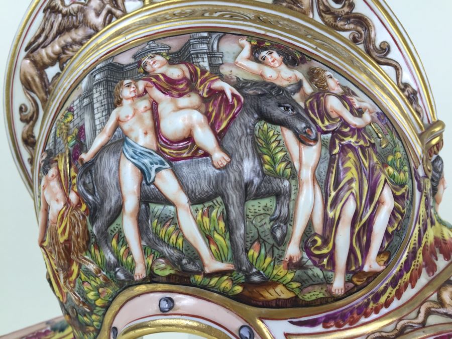 Stunning Capo Di Monte Porcelain Renaissance-Style Helmet With Lucite Display Stand Relief Molding With Scenes Of Griffins Estimate $1,200 [Photo 2]