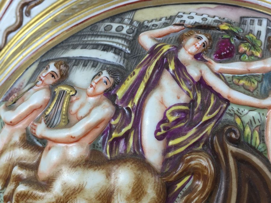 Stunning Capo Di Monte Porcelain Renaissance-Style Helmet With Lucite Display Stand Relief Molding With Scenes Of Griffins Estimate $1,200 [Photo 19]