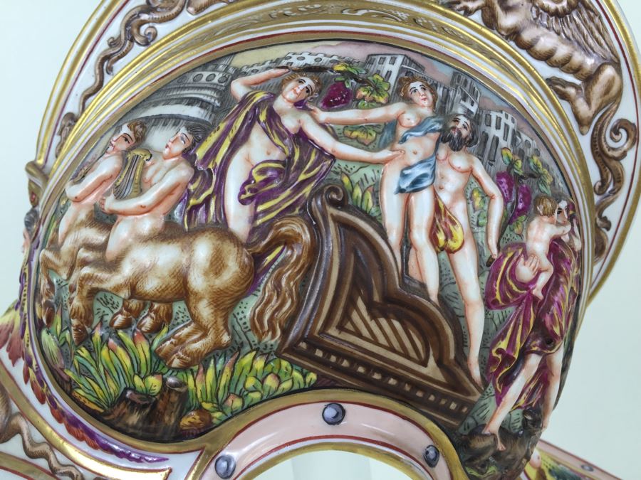 Stunning Capo Di Monte Porcelain Renaissance-Style Helmet With Lucite Display Stand Relief Molding With Scenes Of Griffins Estimate $1,200 [Photo 18]