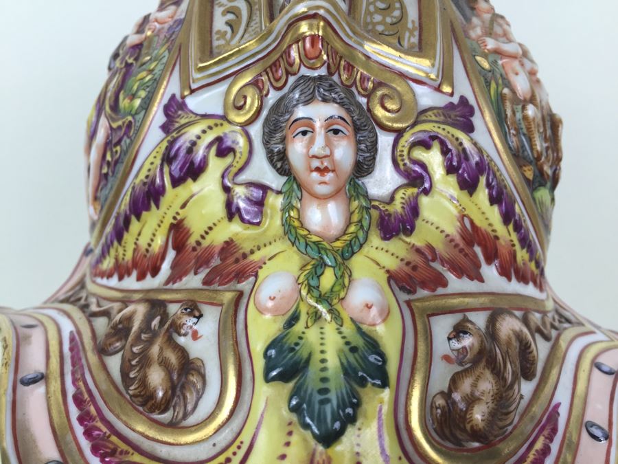 Stunning Capo Di Monte Porcelain Renaissance-Style Helmet With Lucite Display Stand Relief Molding With Scenes Of Griffins Estimate $1,200 [Photo 15]