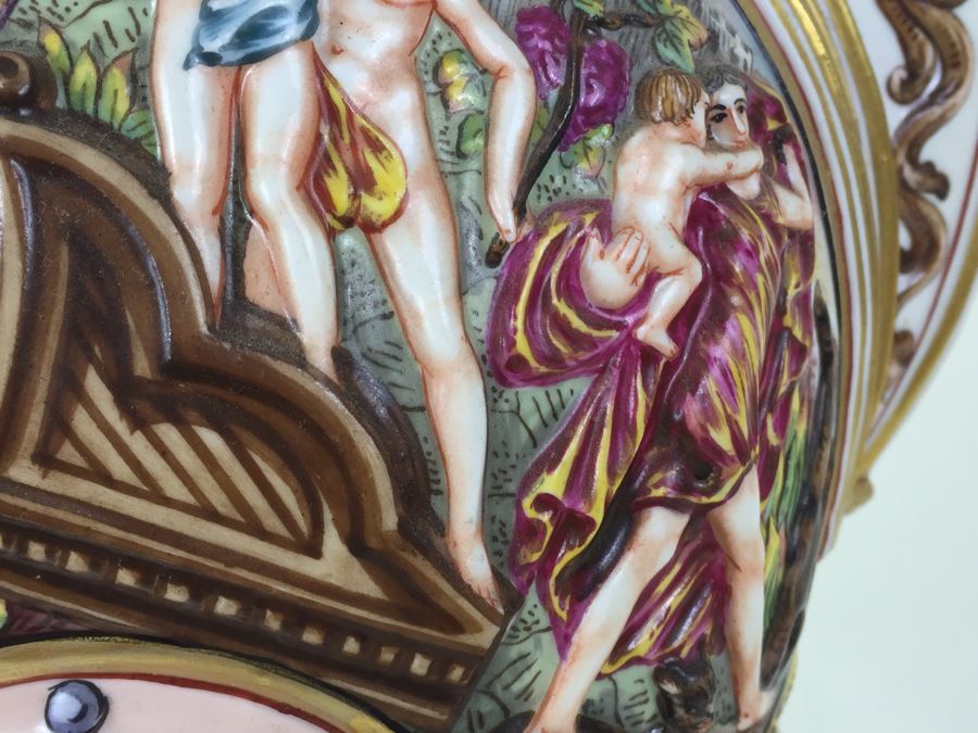 Stunning Capo Di Monte Porcelain Renaissance-Style Helmet With Lucite Display Stand Relief Molding With Scenes Of Griffins Estimate $1,200 [Photo 21]