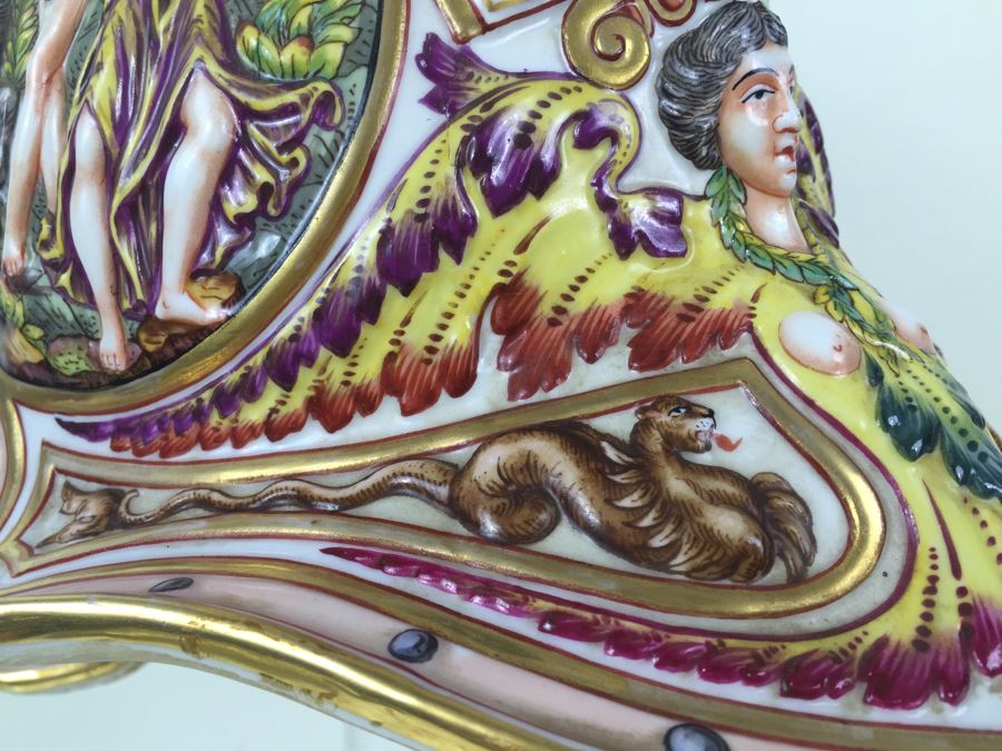 Stunning Capo Di Monte Porcelain Renaissance-Style Helmet With Lucite Display Stand Relief Molding With Scenes Of Griffins Estimate $1,200 [Photo 12]
