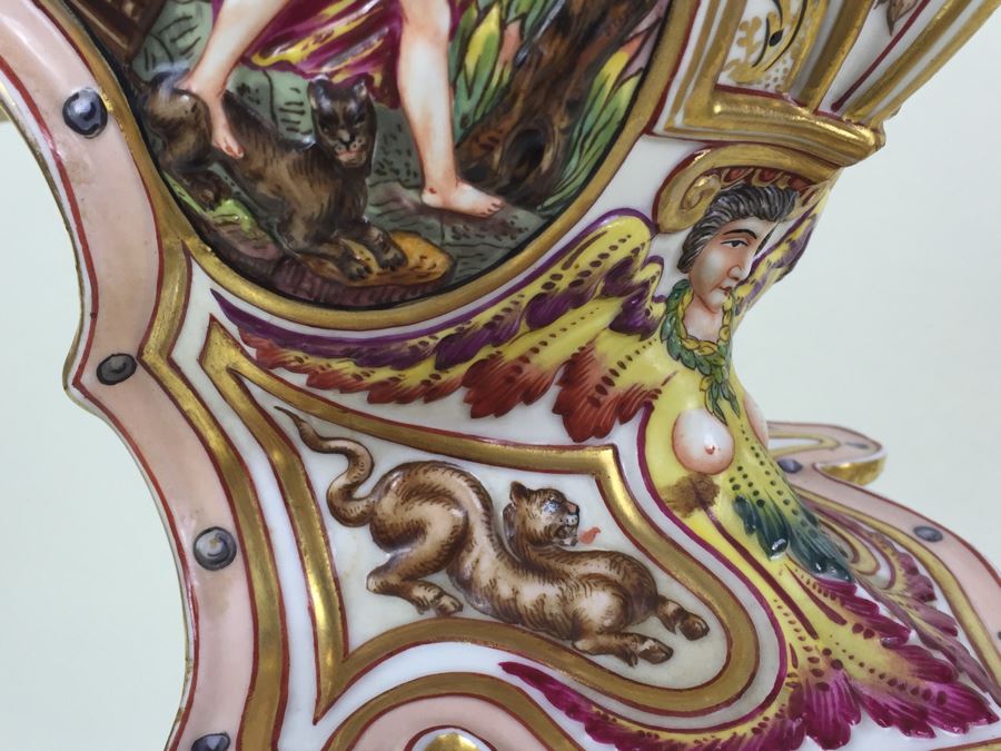 Stunning Capo Di Monte Porcelain Renaissance-Style Helmet With Lucite Display Stand Relief Molding With Scenes Of Griffins Estimate $1,200 [Photo 22]