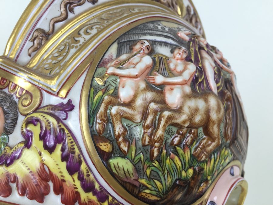 Stunning Capo Di Monte Porcelain Renaissance-Style Helmet With Lucite Display Stand Relief Molding With Scenes Of Griffins Estimate $1,200 [Photo 17]
