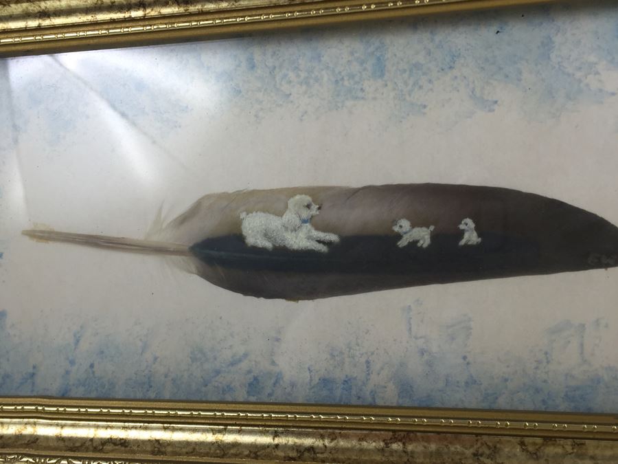 Amazing Painting On Feather Of Poodle And Her Puppies Signed E. Wood [Photo 9]