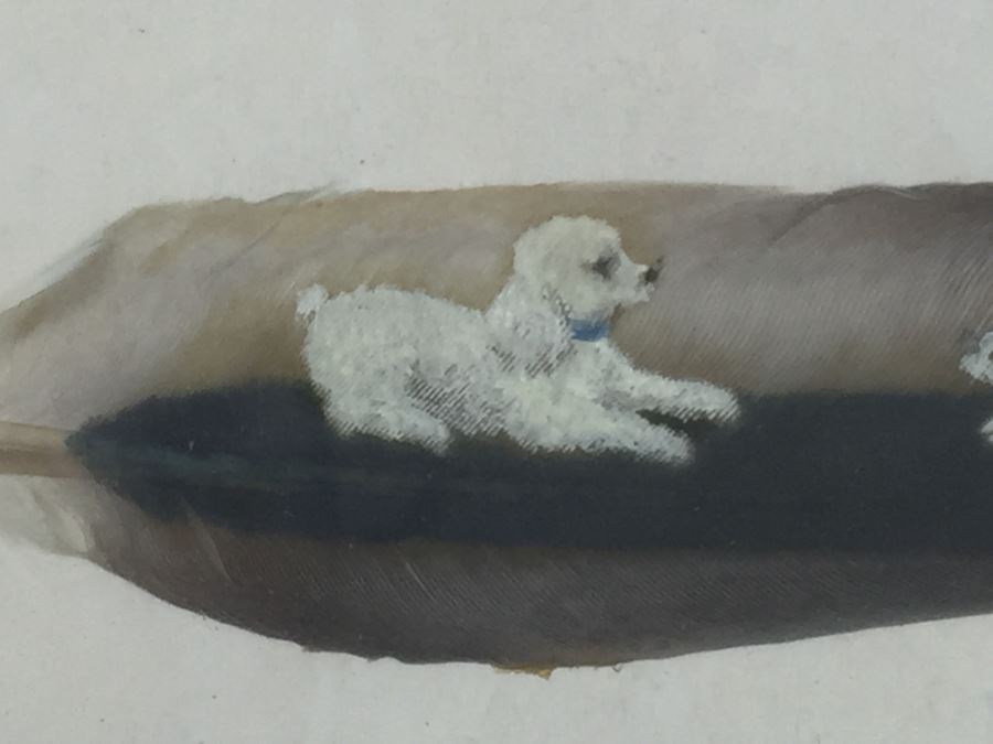 Amazing Painting On Feather Of Poodle And Her Puppies Signed E. Wood [Photo 5]