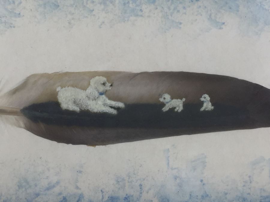 Amazing Painting On Feather Of Poodle And Her Puppies Signed E. Wood [Photo 2]