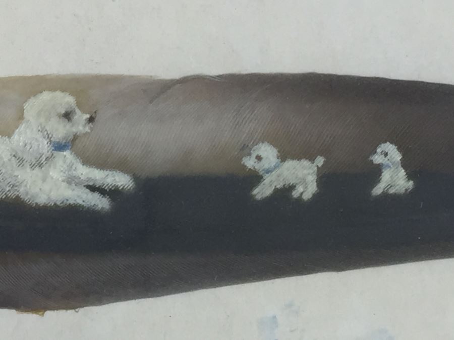 Amazing Painting On Feather Of Poodle And Her Puppies Signed E. Wood [Photo 3]