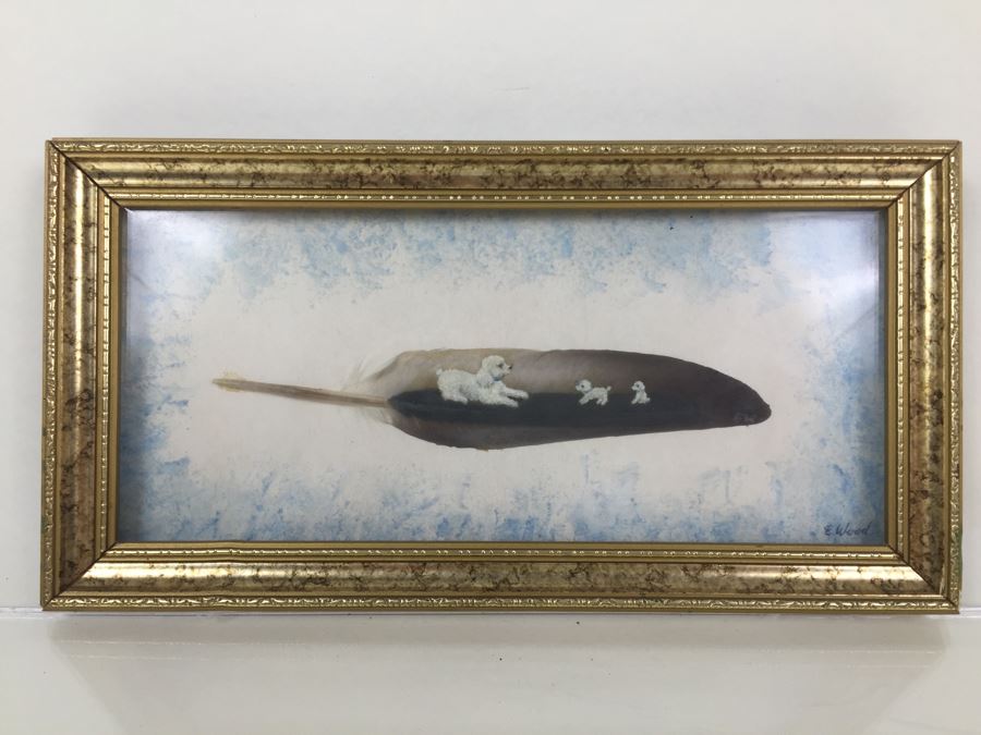 Amazing Painting On Feather Of Poodle And Her Puppies Signed E. Wood [Photo 4]