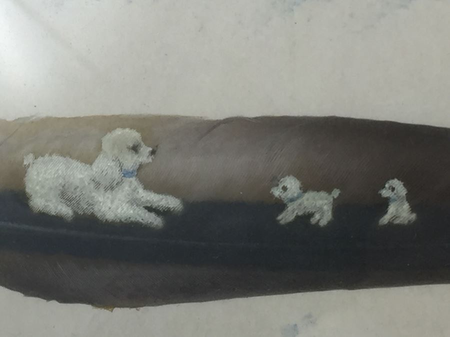 Amazing Painting On Feather Of Poodle And Her Puppies Signed E. Wood [Photo 8]