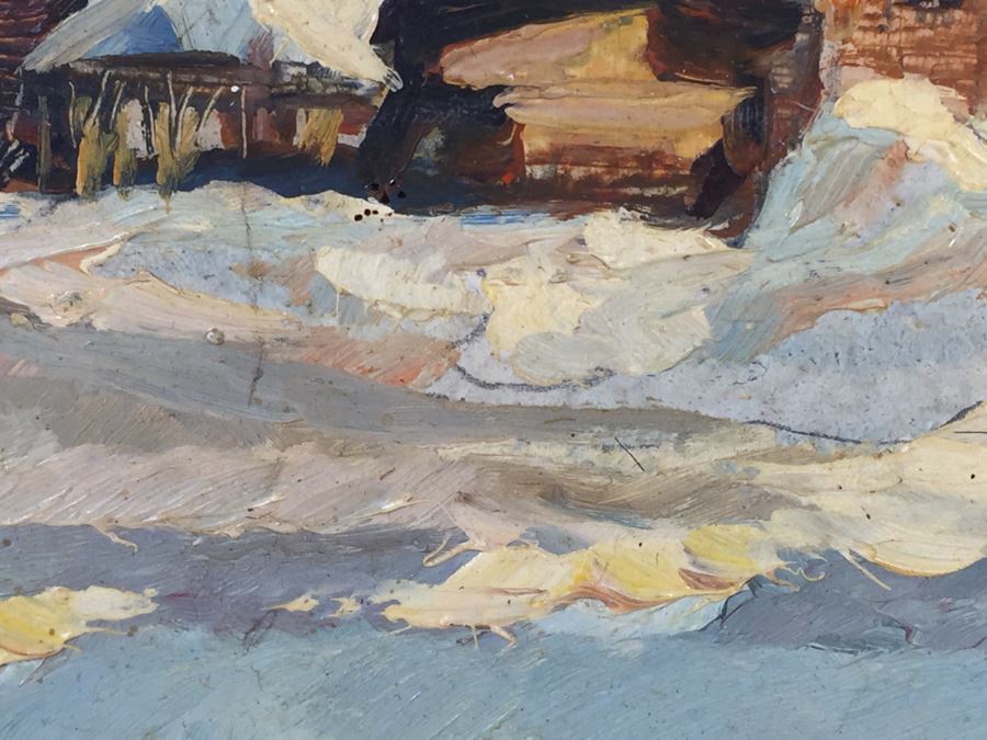 Original Oil Painting Of Winter Scene Showing Temple Buildings Signed Lower Right And In Back Of Painting [Photo 8]