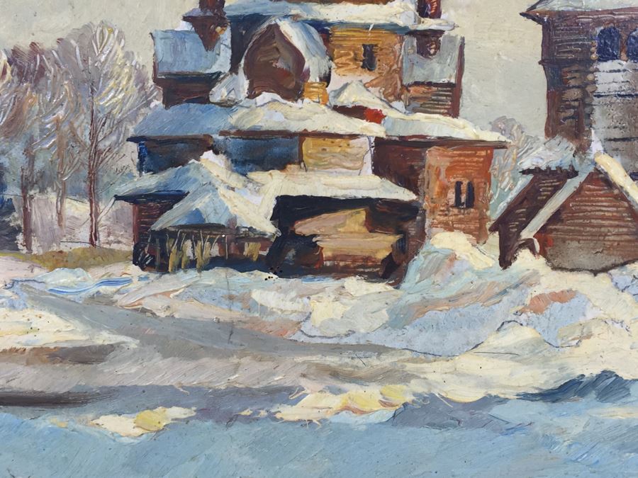 Original Oil Painting Of Winter Scene Showing Temple Buildings Signed Lower Right And In Back Of Painting [Photo 10]