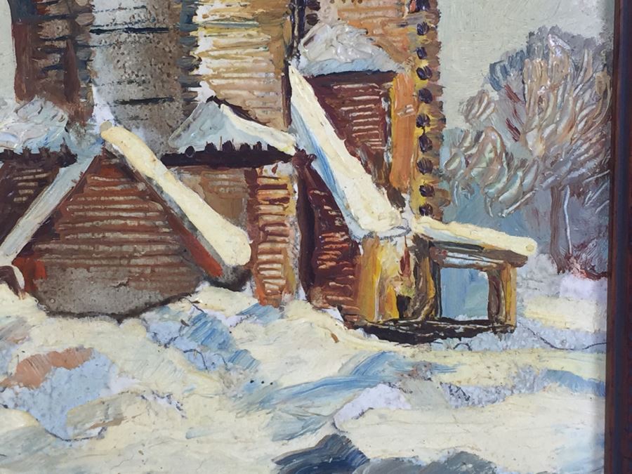 Original Oil Painting Of Winter Scene Showing Temple Buildings Signed Lower Right And In Back Of Painting [Photo 7]