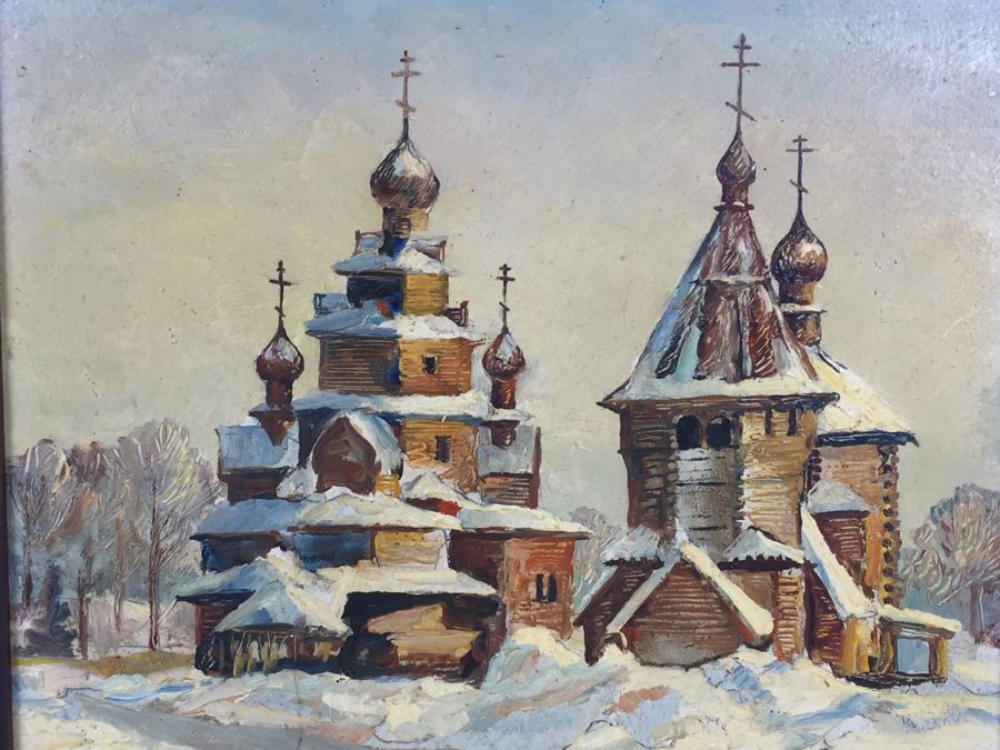 Original Oil Painting Of Winter Scene Showing Temple Buildings Signed Lower Right And In Back Of Painting [Photo 9]