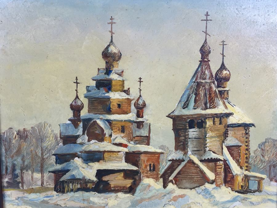 Original Oil Painting Of Winter Scene Showing Temple Buildings Signed Lower Right And In Back Of Painting [Photo 2]