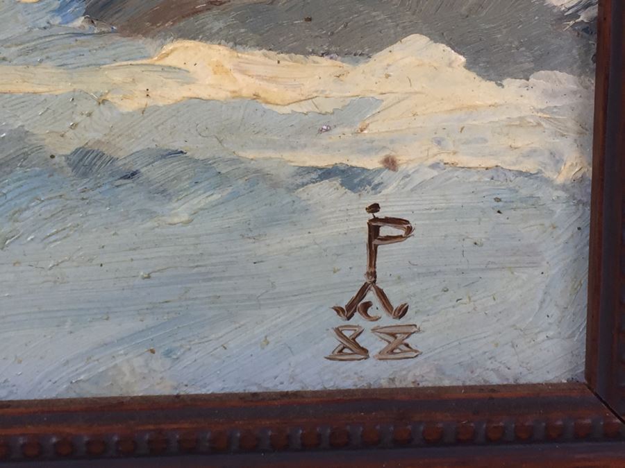 Original Oil Painting Of Winter Scene Showing Temple Buildings Signed Lower Right And In Back Of Painting [Photo 4]