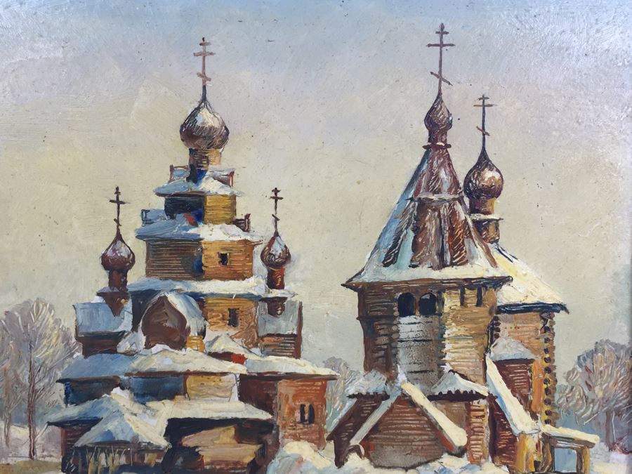 Original Oil Painting Of Winter Scene Showing Temple Buildings Signed Lower Right And In Back Of Painting [Photo 6]