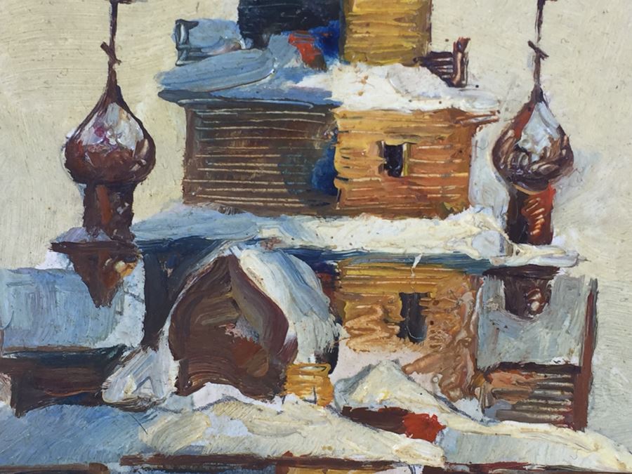 Original Oil Painting Of Winter Scene Showing Temple Buildings Signed Lower Right And In Back Of Painting [Photo 11]
