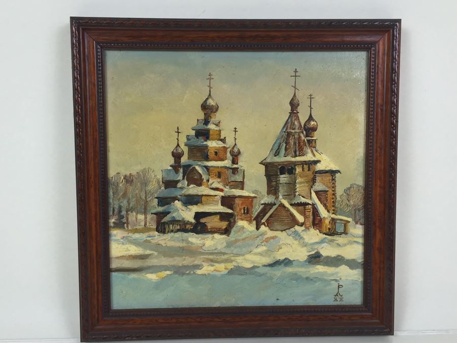Original Oil Painting Of Winter Scene Showing Temple Buildings Signed Lower Right And In Back Of Painting [Photo 5]