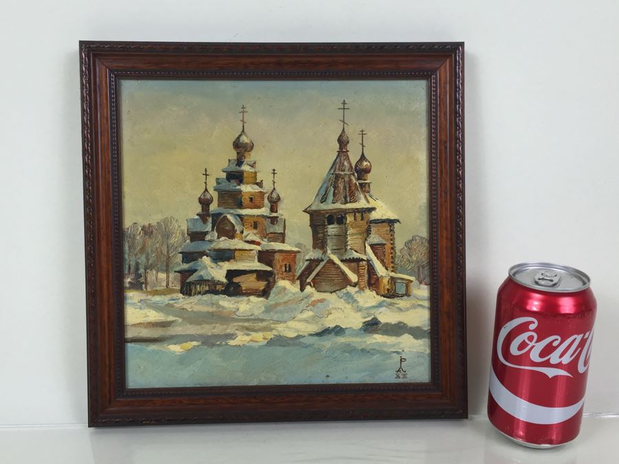 Original Oil Painting Of Winter Scene Showing Temple Buildings Signed Lower Right And In Back Of Painting [Photo 1]