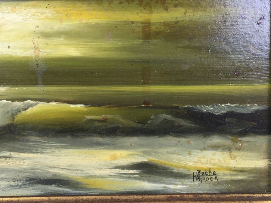 Framed Original Oil Painting Of Coastal Ocean Scene Signed Lower Right By Beebe Hopper Needs Cleaning [Photo 8]