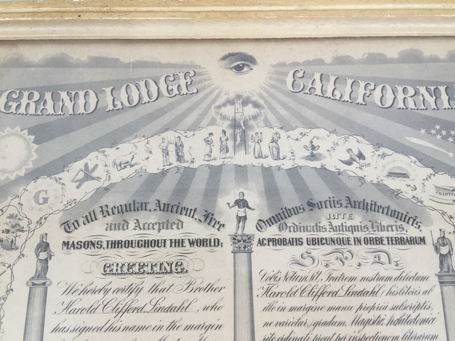 Grand Lodge of California Free Masons Framed Masonic Certificate San Francisco 1949 [Photo 7]