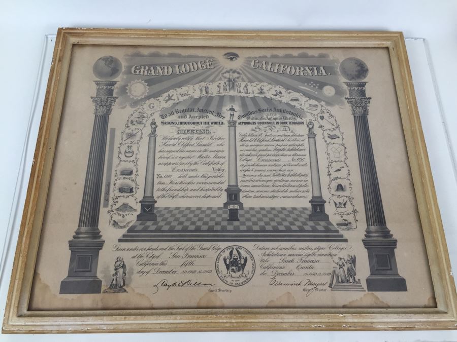 Grand Lodge of California Free Masons Framed Masonic Certificate San Francisco 1949