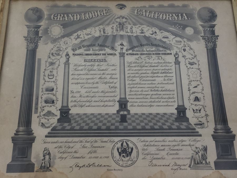 Grand Lodge of California Free Masons Framed Masonic Certificate San Francisco 1949 [Photo 12]