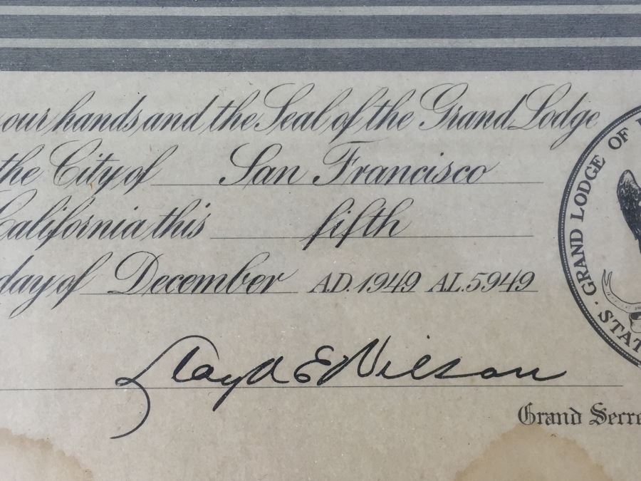 Grand Lodge of California Free Masons Framed Masonic Certificate San Francisco 1949 [Photo 9]