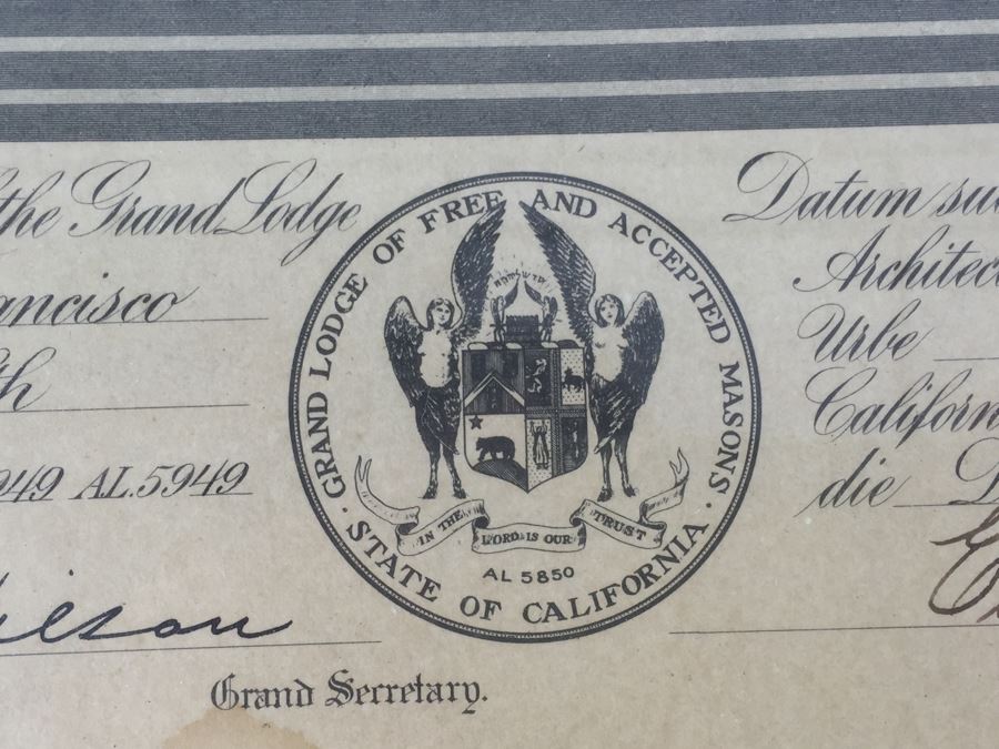 Grand Lodge of California Free Masons Framed Masonic Certificate San Francisco 1949 [Photo 10]