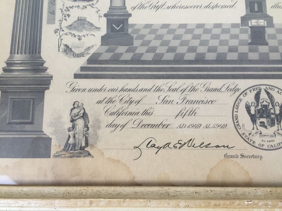 Grand Lodge of California Free Masons Framed Masonic Certificate San Francisco 1949 [Photo 8]