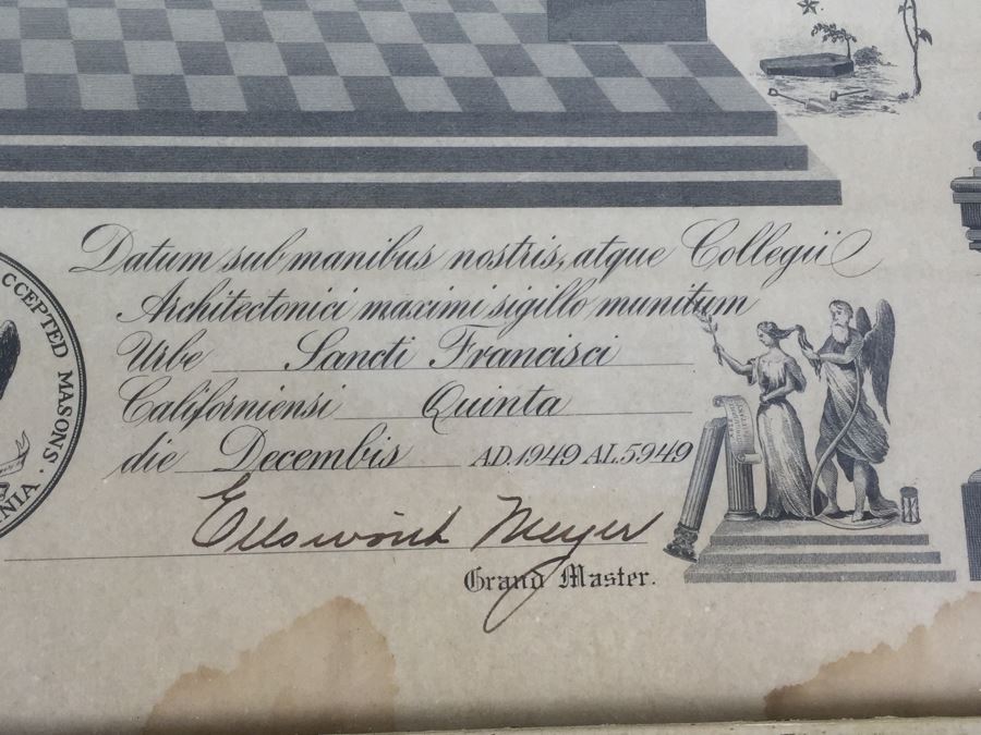 Grand Lodge of California Free Masons Framed Masonic Certificate San Francisco 1949 [Photo 11]