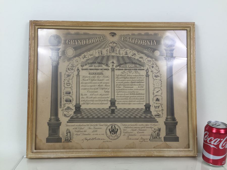 Grand Lodge of California Free Masons Framed Masonic Certificate San Francisco 1949 [Photo 4]
