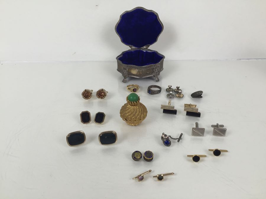 Various Costume Jewelry Including Rings, Cufflinks, Jewelry Box, Gold Tone Pill Box And More