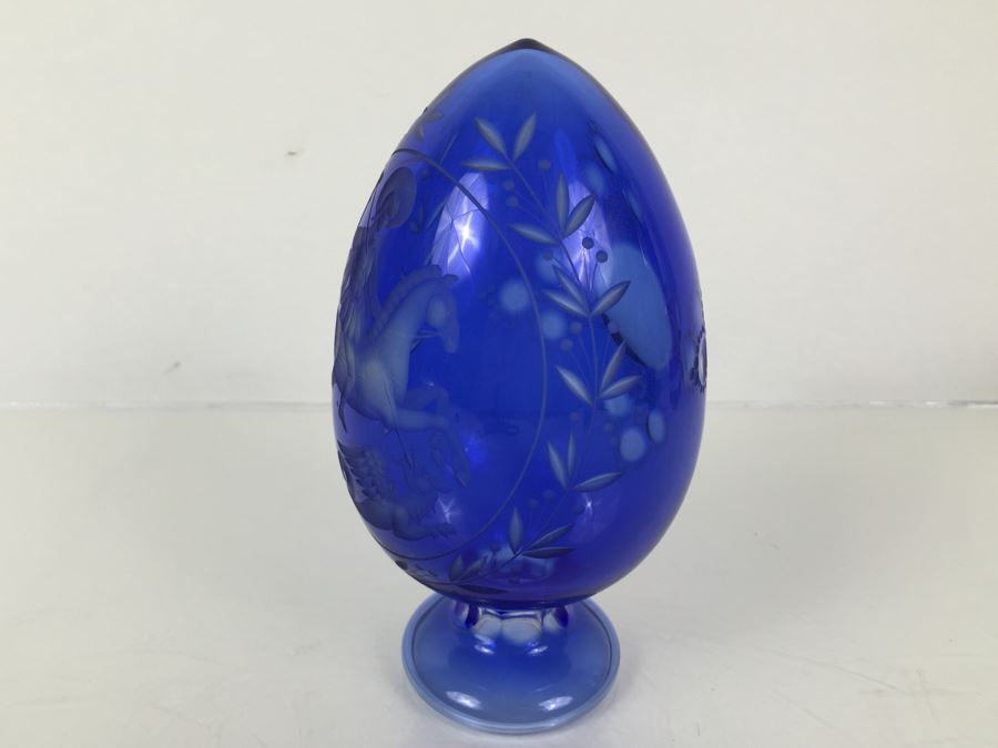 Large Blue Cut Glass Egg Warrior On Horse Slaying Griffin [Photo 7]
