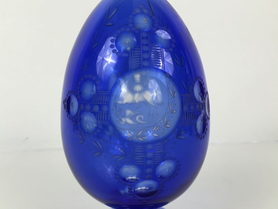 Large Blue Cut Glass Egg Warrior On Horse Slaying Griffin [Photo 3]