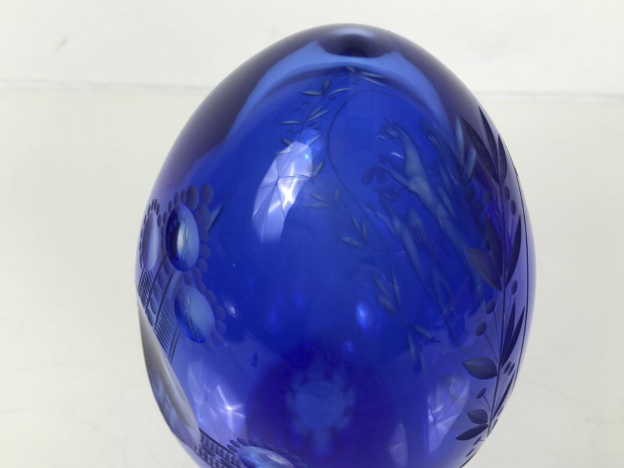Large Blue Cut Glass Egg Warrior On Horse Slaying Griffin [Photo 11]