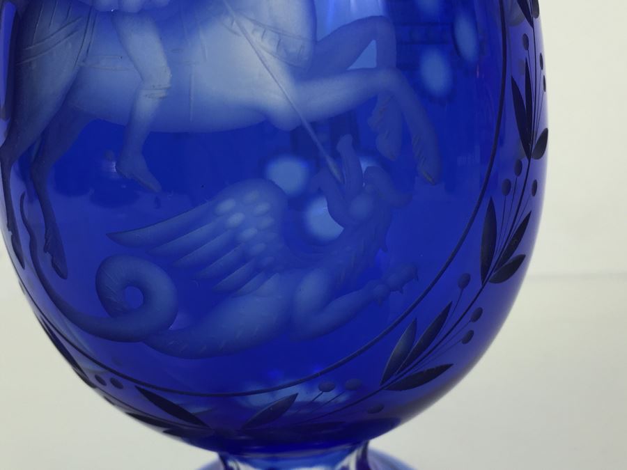 Large Blue Cut Glass Egg Warrior On Horse Slaying Griffin [Photo 2]