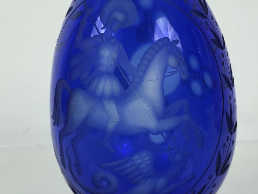 Large Blue Cut Glass Egg Warrior On Horse Slaying Griffin [Photo 6]