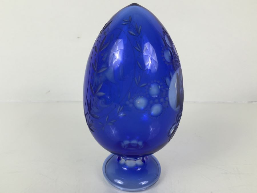 Large Blue Cut Glass Egg Warrior On Horse Slaying Griffin [Photo 8]