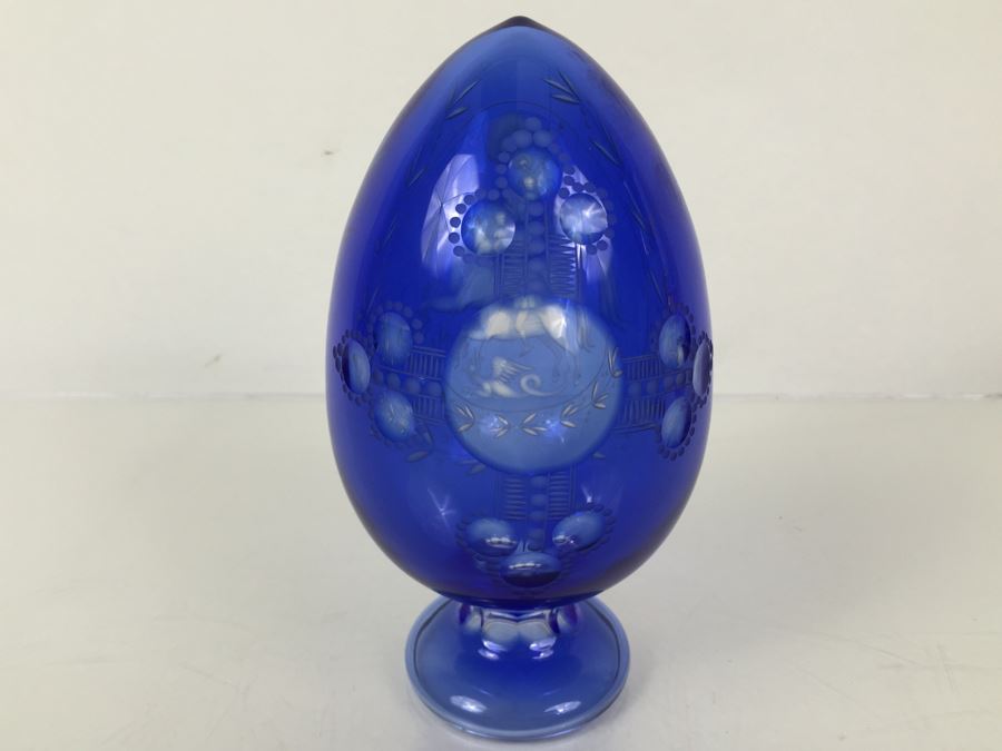 Large Blue Cut Glass Egg Warrior On Horse Slaying Griffin [Photo 9]