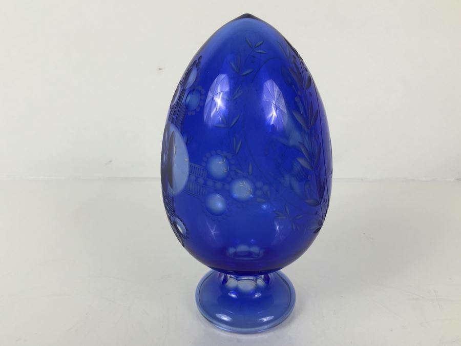 Large Blue Cut Glass Egg Warrior On Horse Slaying Griffin [Photo 10]