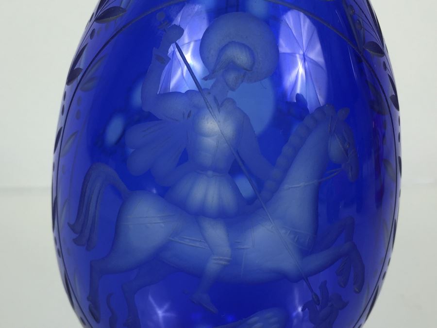 Large Blue Cut Glass Egg Warrior On Horse Slaying Griffin [Photo 5]
