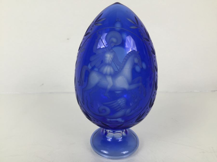 Large Blue Cut Glass Egg Warrior On Horse Slaying Griffin