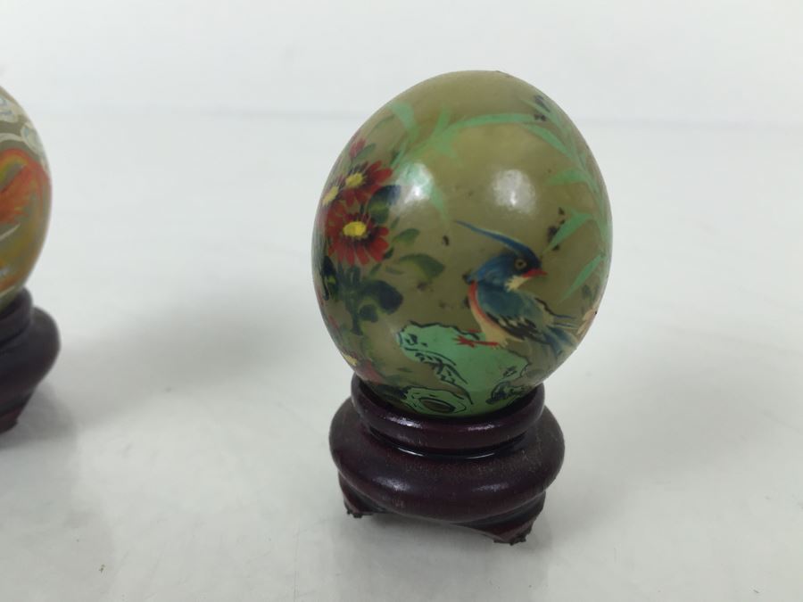 Pair Of Small Hand Painted Jade Eggs With Stands [Photo 8]