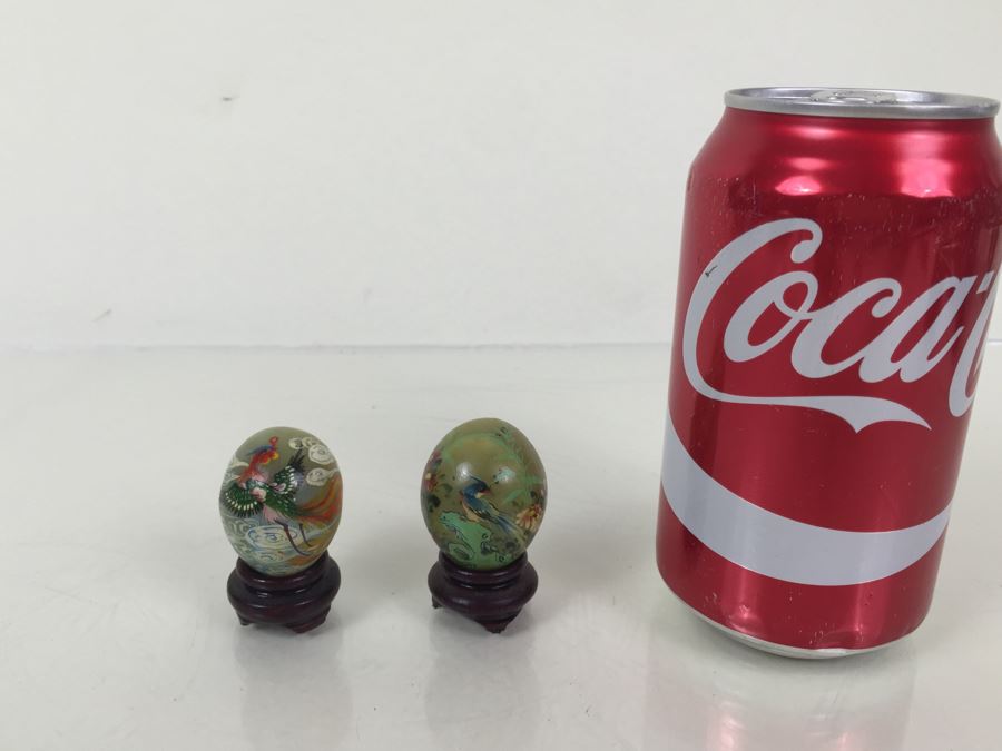 Pair Of Small Hand Painted Jade Eggs With Stands [Photo 4]