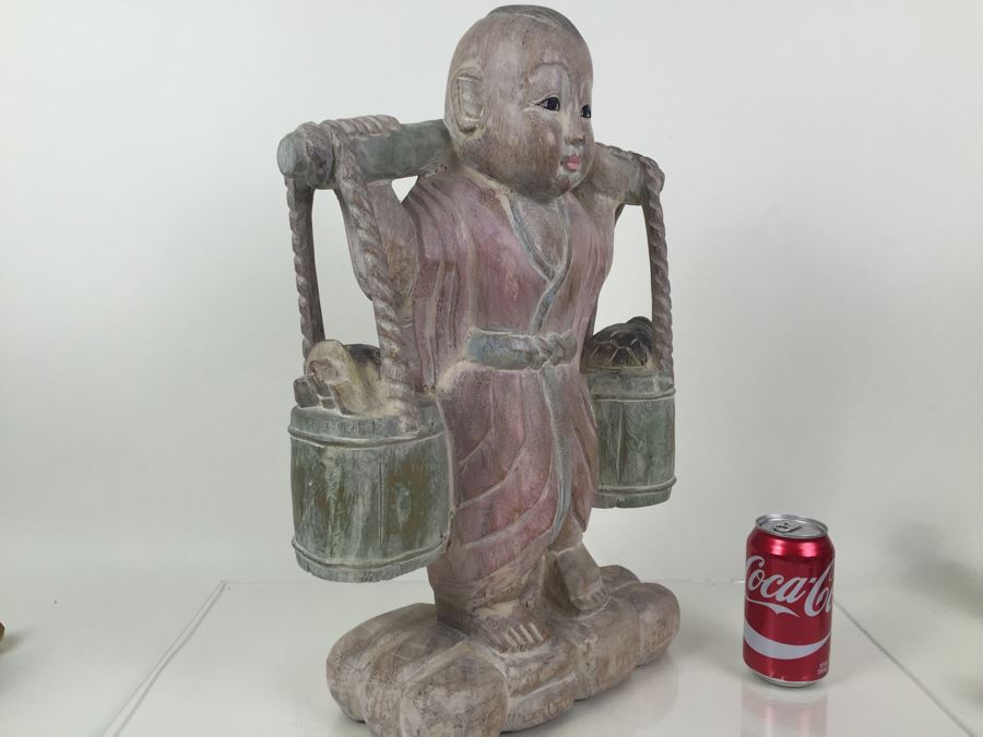 Huge Hand Carved Wooden Chinese Man Carrying Buckets Of Turtles [Photo 3]