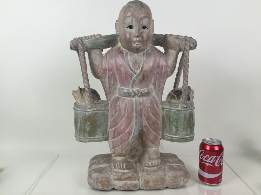 Huge Hand Carved Wooden Chinese Man Carrying Buckets Of Turtles