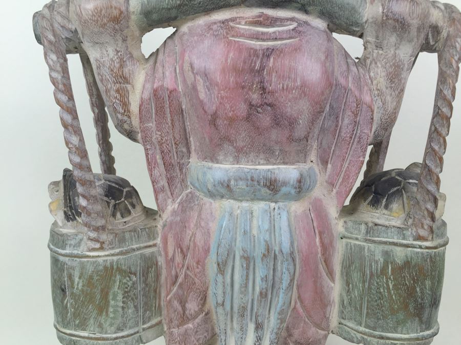 Huge Hand Carved Wooden Chinese Man Carrying Buckets Of Turtles [Photo 9]
