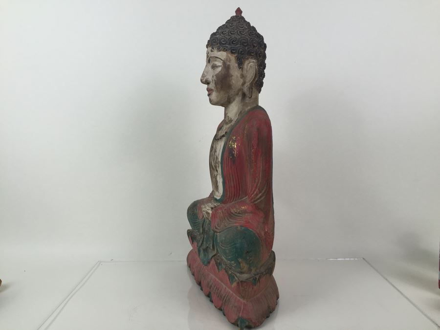 Large Vintage Thai Wood Carved Painted Statue [Photo 3]